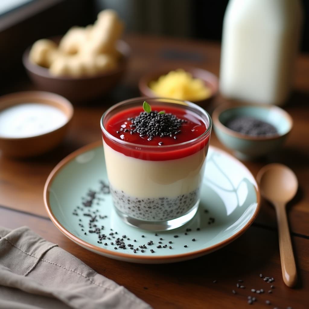 Vaso de cristal transparente con capas de chia pudding cremoso color beige, compota de ciruela umeboshi de tono rojizo intenso, decorado con semillas de sésamo negro y copos de alga nori. Fondos borrosos con ingredientes como jengibre rallado y leche de coco, representando un desayuno japonés probiótico saludable.