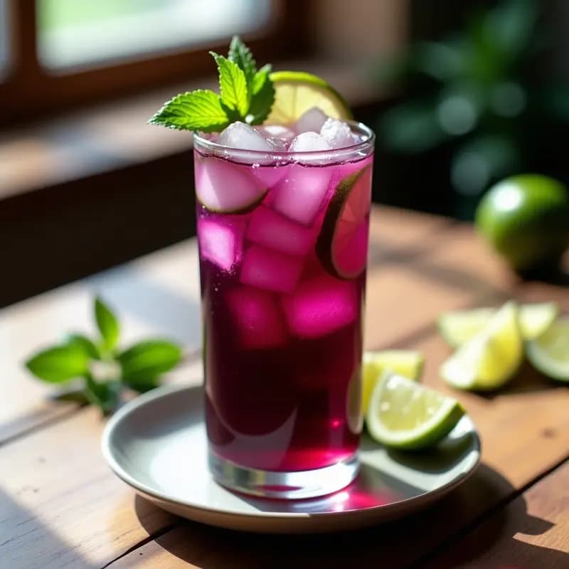 Vaso alto transparente con Chicha Morada con Jengibre y Lima, servida sobre una mesa rústica de madera. La bebida tiene un color morado intenso, decorada con una rodaja de lima, hojas de hierbabuena y un trozo de jengibre fresco al lado. Al fondo, ingredientes como maíz morado, limas y especias.