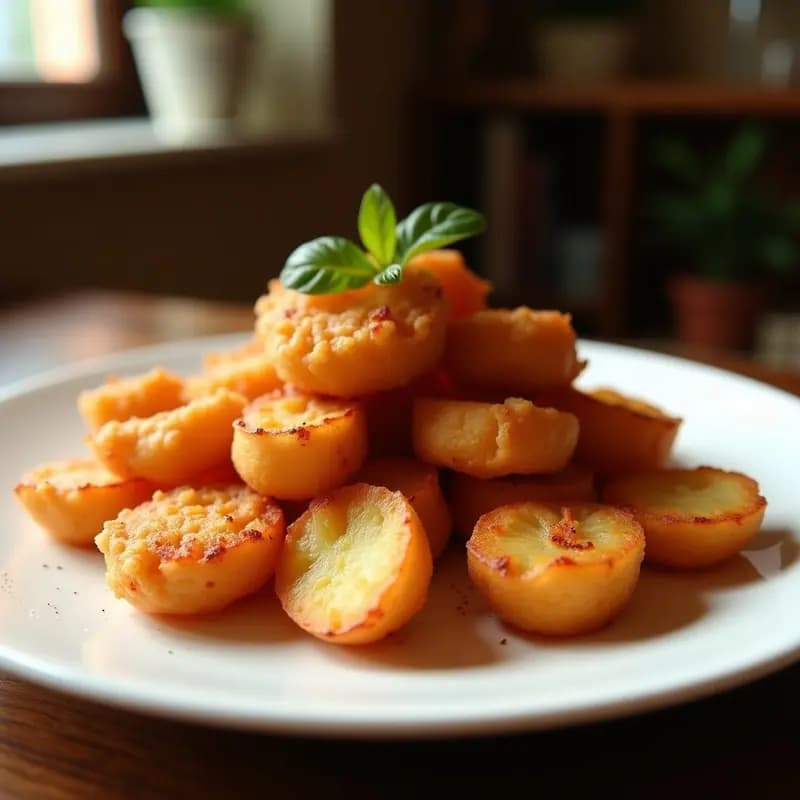 Sartén de hierro con chicharrones de cerdo dorados y crujientes, patatas en cubos bañadas en pimentón rojo, receta extremeña tradicional sobre fondo rústico de madera.