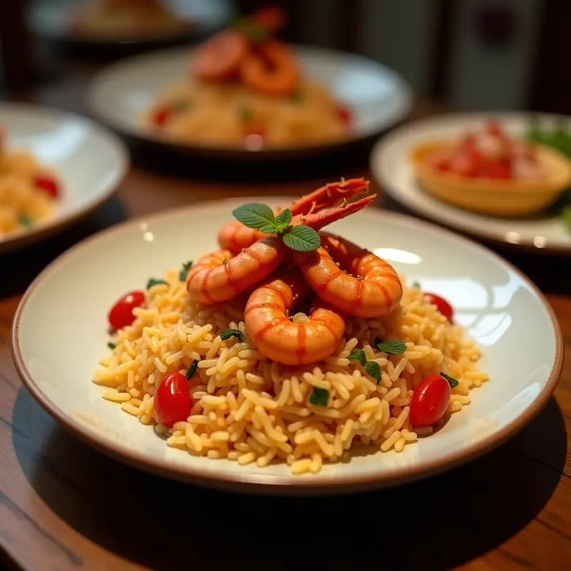 Plato hondo de cerámica negra con arroz frito dorado, langostinos rosados enteros, salsa de ostión cremosa y huevos de codorniz integrados. Decorado con culantro fresco y rodajas de limón, típico de la chifa de mariscos peruanos.