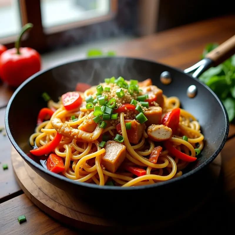 Plato hondo con tallarín saltado chifa, pollo en tiras doradas, zanahoria, pimiento rojo y cebolla morada salteadas, decorado con culantro fresco y cebollino, típico de la cocina peruano-china.