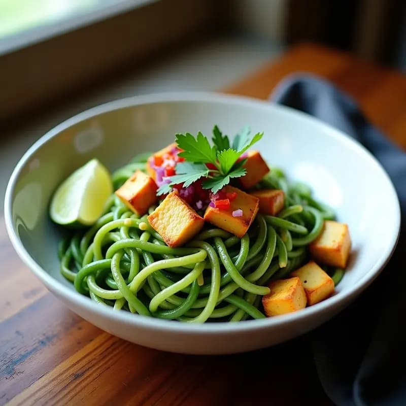 Plato hondo con Chifa Peruano de Tallarines Verdes con Tofu, tallarines de arroz bañados en salsa verde cremosa, tofu dorado en cubos, cilantro fresco y rodaja de limón, receta fusion vegana.
