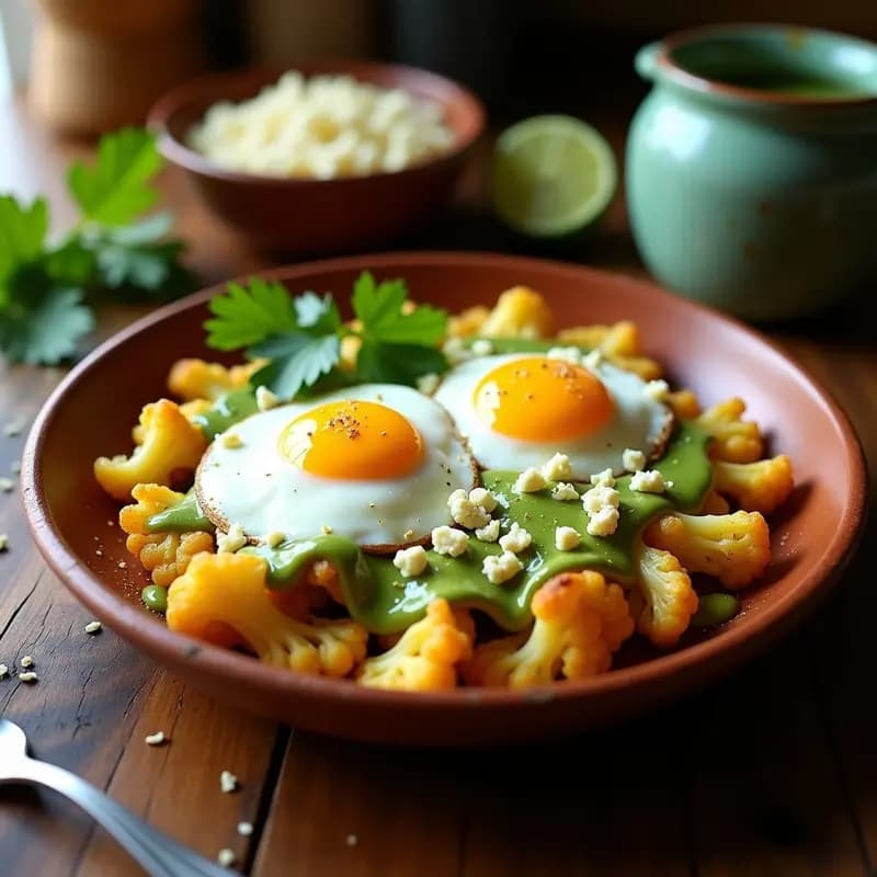 Plato hondo de barro con chilaquiles de coliflor dorada y crujiente, bañados en salsa verde casera, coronados con huevo frito, crema de aguacate verde brillante y queso fresco desmenuzado. Decorado con hojas de cilantro fresco sobre fondo rústico de madera.