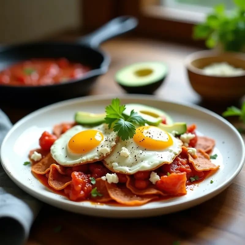 Plato hondo de barro con chilaquiles rojos bañados en salsa ahumada de chipotle, coronados con huevo escalfado de yema líquida, cubos de aguacate cremoso, cebolla morada encurtida de color vibrante y queso fresco desmenuzado. Decorado con hojas de cilantro fresco y una rodaja de limón al lado, sobre un fondo rústico de madera.