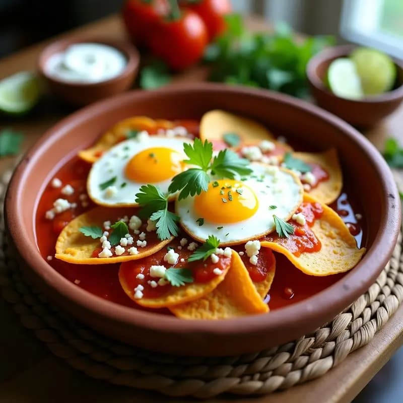 Plato hondo de barro con chilaquiles rojos, tortillas de maíz doradas y crujientes bañadas en salsa roja ahumada, coronados con huevo frito de yema líquida, crema ácida espesa con vetas de limón, queso fresco desmenuzado y cilantro fresco picado.