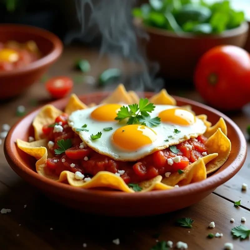 Plato hondo de barro con chilaquiles rojos con huevo: tortillas de maíz fritas bañadas en salsa de jitomate, coronados con huevos estrellados, crema fresca, queso desmenuzado y cilantro picado. Desayuno mexicano tradicional.