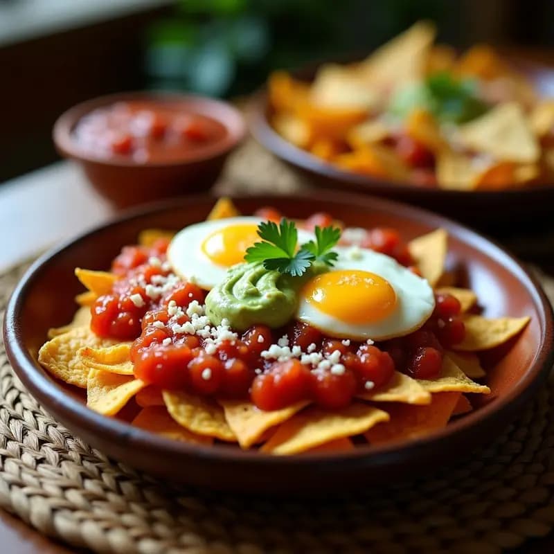Plato hondo de barro con chilaquiles rojos bañados en salsa roja, coronados con huevos revueltos esponjosos, crema de aguacate verde cremosa, queso fresco desmenuzado y cilantro fresco. Receta de desayuno mexicano rápido.