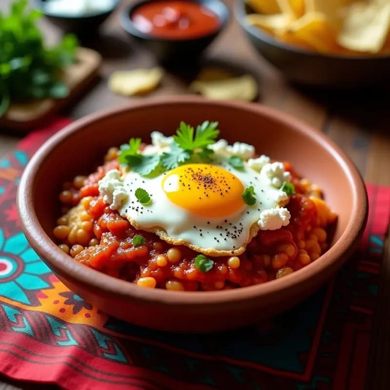 Plato hondo de barro con chilaquiles rojos bañados en salsa ahumada, totopos de maíz azul crujientes, huevo pochado con yema líquida, queso fresco desmenuzado, crema ácida y cilantro fresco. Receta tradicional mexicana de chilaquiles rojos con huevos poché.
