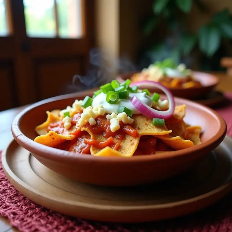 Plato hondo de barro con chilaquiles rojos de tortillas azules, bañados en salsa de chile guajillo, pollo desmenuzado jugoso y queso panela desmoronado. Decorado con crema ácida, cebollín picado y un toque de cebolla morada. Receta mexicana tradicional para desayunar.