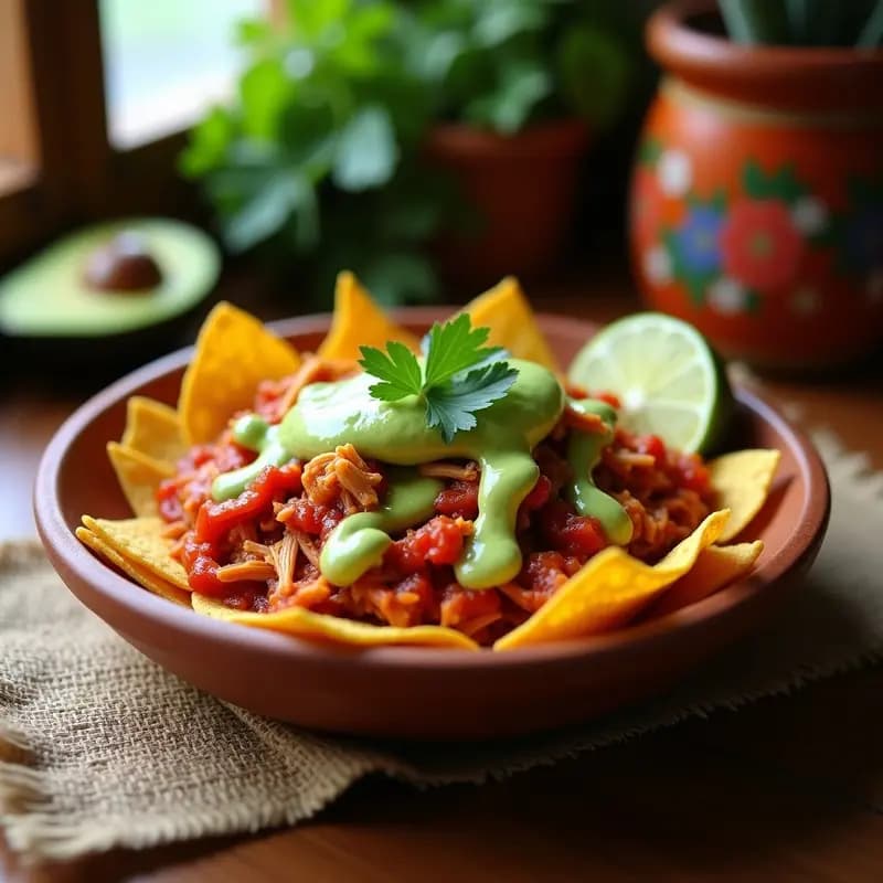 Plato hondo de barro con chilaquiles rojos de totopos de maíz azul crujientes, bañados en salsa de tomate y pollo desmenuzado, coronados con crema de aguacate verde, huevo frito, cebolla morada y cilantro fresco. Receta mexicana sin lactosa.