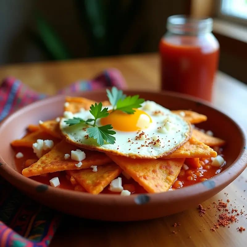 Plato hondo de barro con chilaquiles rojos bañados en salsa de tomate y chile guajillo, coronados con pollo deshebrado, huevo frito, crema ácida, queso fresco, aguacate en cubos y cebolla morada encurtida. Decorado con hojas de epazote verde sobre fondo rústico.