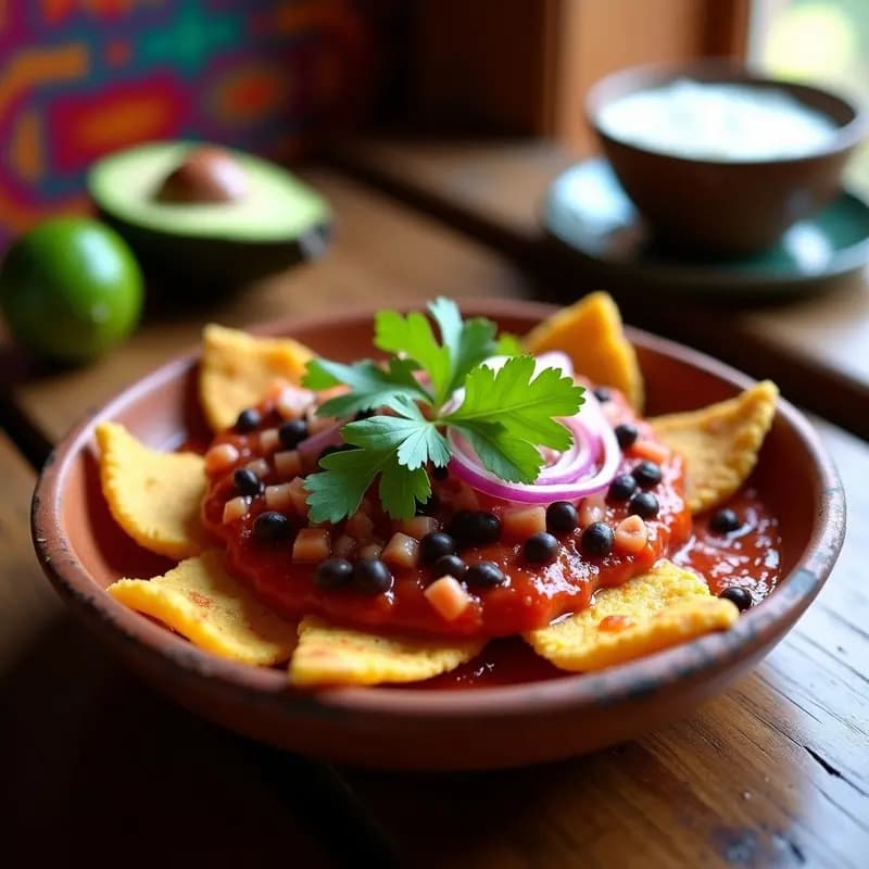 Plato hondo de barro con chilaquiles rojos veganos: tortillas de maíz tostadas bañadas en salsa de tomate y chile guajillo, coronados con crema de anacardos, aguacate en cubos y cilantro fresco. Receta sin lácteos.