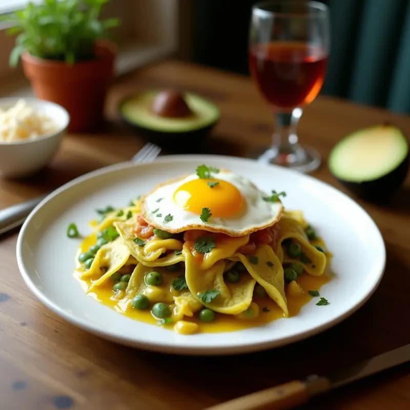 Plato hondo de barro con chilaquiles verdes bañados en salsa espesa de tomatillo, coronados por un huevo frito con yema líquida, crema ácida y queso fresco desmenuzado. Fondo rústico con cilantro fresco y rodajas de cebolla morada.