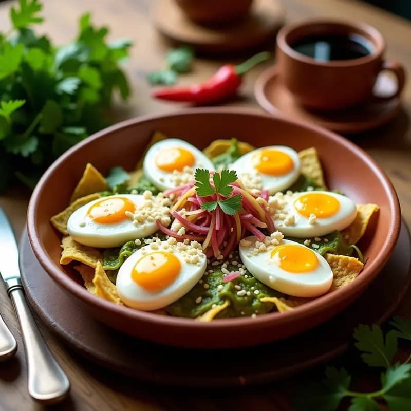 Plato hondo de barro con chilaquiles verdes bañados en salsa verde, huevos de codorniz pochados, crema de epazote, cebolla morada encurtida, queso fresco desmenuzado y semillas de sésamo tostadas. Desayuno mexicano picante y original.