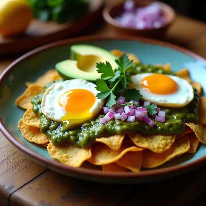 Plato de chilaquiles verdes con huevos escabechados, tortillas de maíz fritas bañadas en salsa verde, huevos cortados por la mitad con yema amarilla intensa, decorados con rodajas de aguacate y cebolla morada, receta tradicional mexicana sin lactosa.