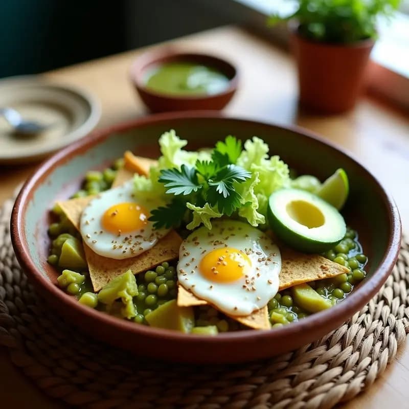 Plato hondo de cerámica blanca con chilaquiles verdes veganos: tortillas de maíz azul crujientes bañadas en salsa verde cremosa, acompañadas de huevos de lino esponjosos, frijoles negros, rodajas de aguacate y semillas de sésamo, decorado con cilantro fresco.