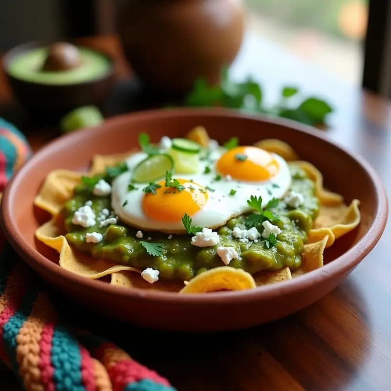 Plato hondo de barro con chilaquiles verdes bañados en salsa verde vibrante, coronados con dos huevos pochados de yema líquida, queso fresco desmenuzado y rodajas de jalapeño. Receta mexicana para desayunar en 15 minutos.