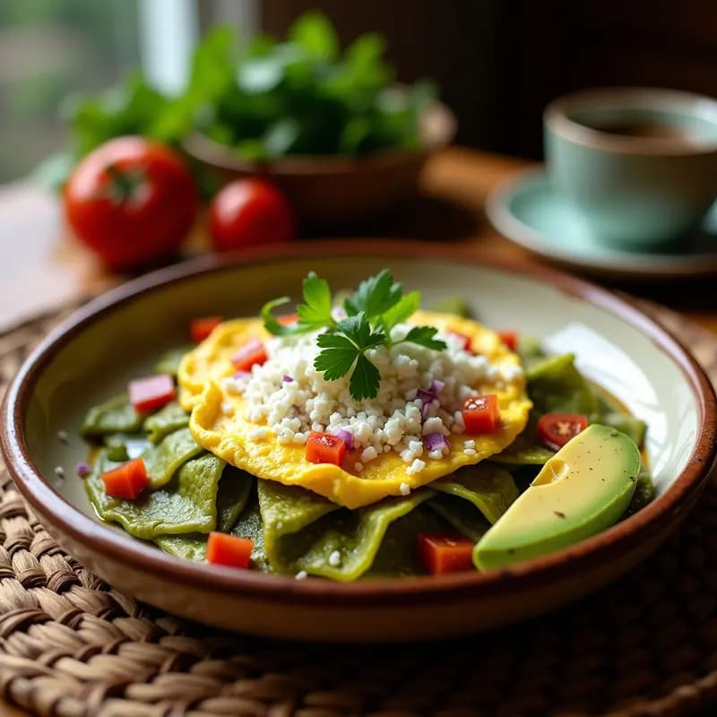 Plato hondo de barro con chilaquiles verdes bañados en salsa, coronados con huevos revueltos cremosos, queso fresco desmenuzado, rodajas de aguacate, cebolla morada y cilantro. Desayuno mexicano tradicional con sobras de totopos.