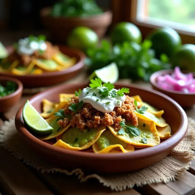 Plato hondo de barro con chilaquiles verdes veganos: tortillas doradas en triángulos cubiertas de salsa verde cremosa, pollo de jackfruit desmenuzado, crema de anacardos, semillas de sésamo y cilantro fresco sobre lecho de lechuga morada.
