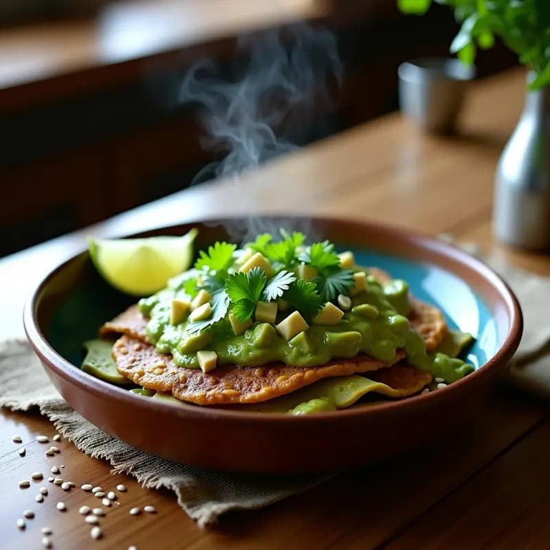 Plato hondo de barro con chilaquiles verdes veganos: capas de tortillas de maíz azul tostadas, salsa verde cremosa de aguacate y espinacas, decorados con semillas de sésamo, calabaza y cilantro fresco. Desayuno mexicano saludable y sin fritura.