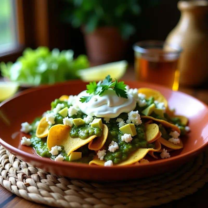 Plato hondo de barro con chilaquiles verdes de tortillas de maíz azul crujientes, bañados en salsa verde cremosa con trozos de pollo desmenuzado, crema ácida de almendras en hilos, semillas de sésamo y quinoa inflada. Acompañados de rodajas de cebolla morada y cilantro fresco.