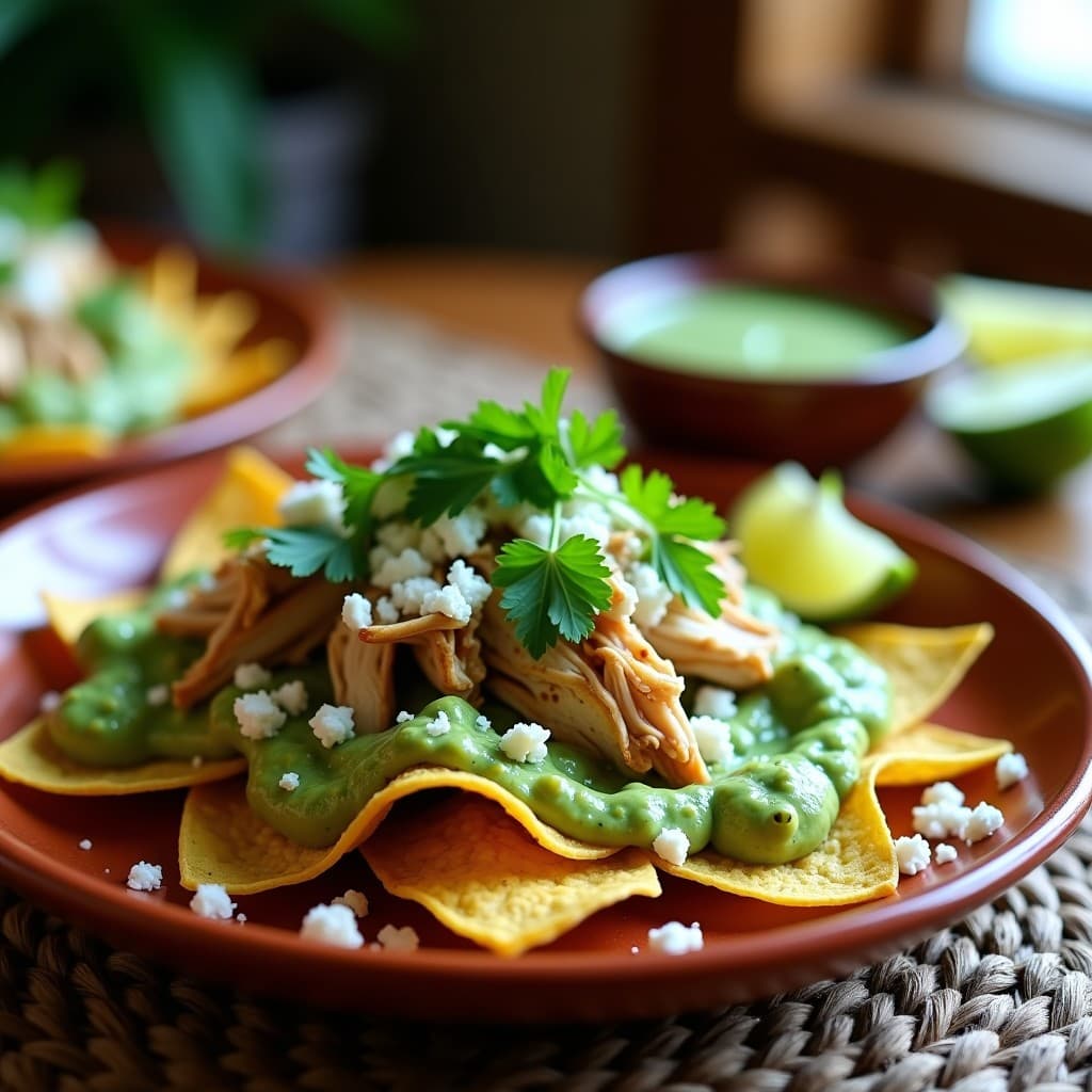 Plato hondo de barro con chilaquiles verdes en airfryer: tortillas de maíz azules crujientes bañadas en salsa verde, pollo desmenuzado jugoso y crema de aguacate verde pálido. Decorado con queso fresco desmenuzado y cilantro fresco. Fondo rústico con textiles mexicanos.
