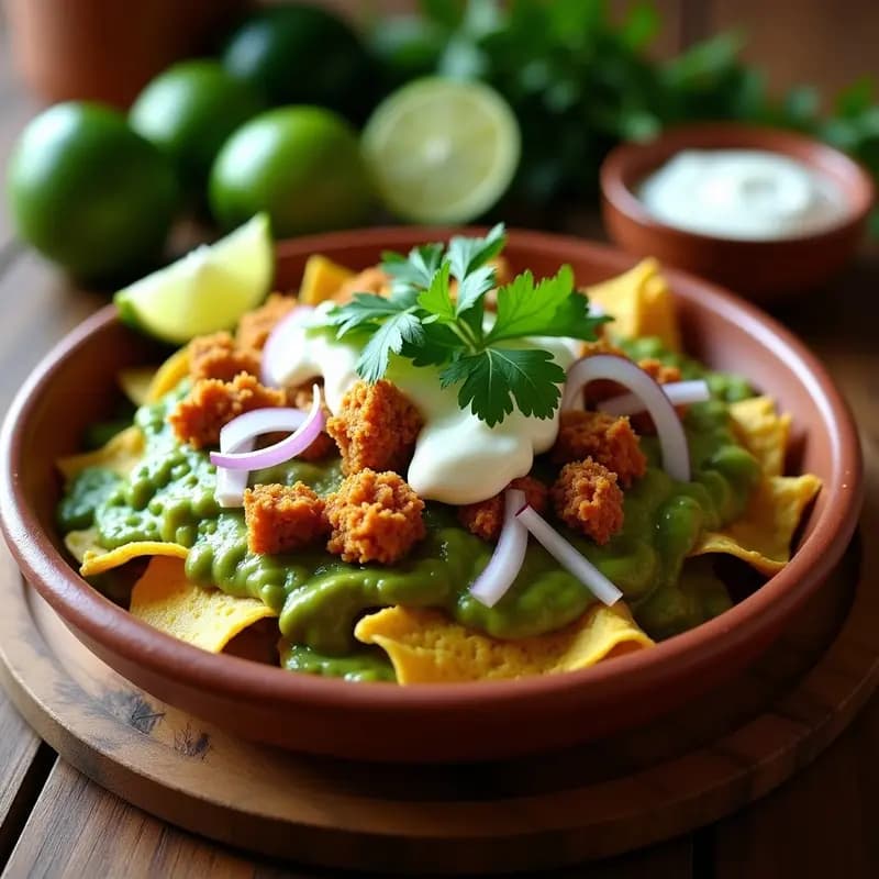 Plato hondo de barro con chilaquiles verdes veganos: totopos dorados bañados en salsa verde vibrante, pollo de soja texturizada jugosa, aguacate en cubos, crema de anacardos y cebolla morada. Desayuno mexicano picante y alto en proteína.