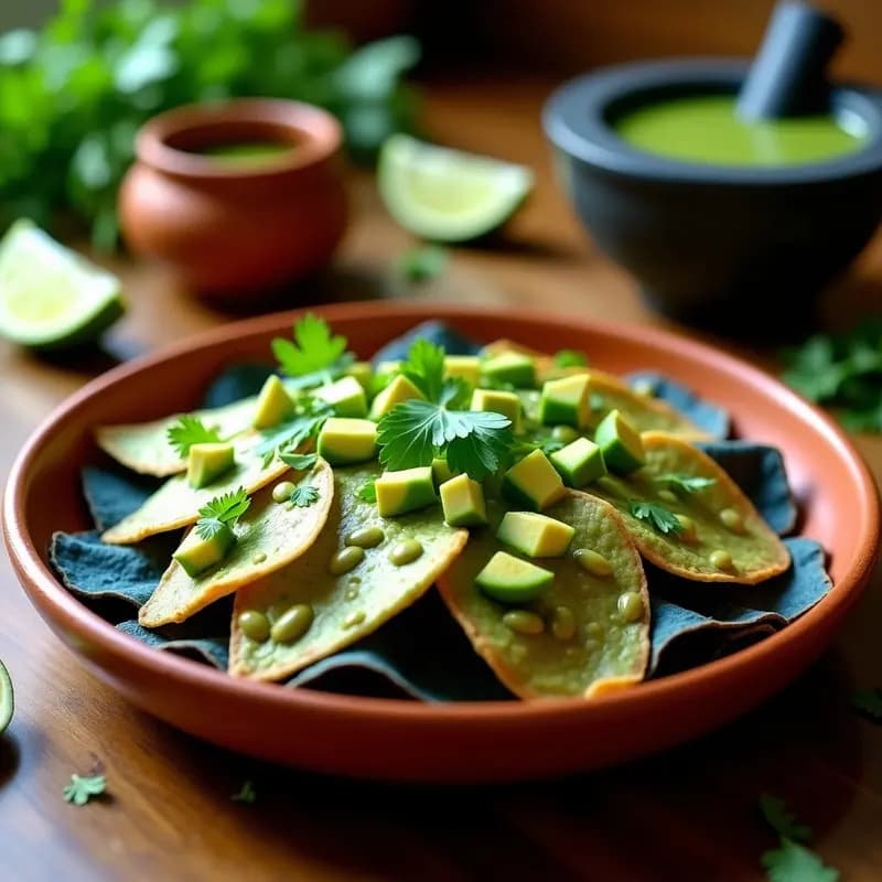 Plato hondo de barro con chilaquiles verdes veganos sobre tortillas de maíz azul tostadas, bañados en salsa verde cremosa de anacardos, decorados con aguacate en cubos, semillas de calabaza y cilantro fresco. Receta mexicana vegana en sartén antiadherente.