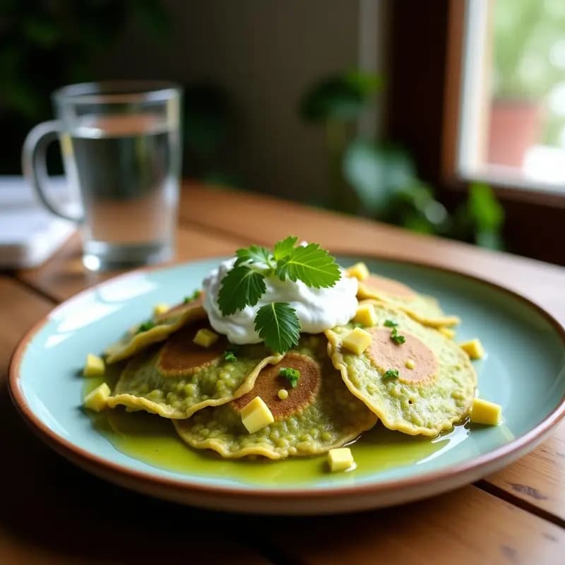 Plato hondo de barro con chilaquiles verdes sobre totopos de maíz azul crujientes, bañados en crema de aguacate verde pálido, decorados con semillas de calabaza y hojas de hierbabuena. Receta mexicana sin lactosa.