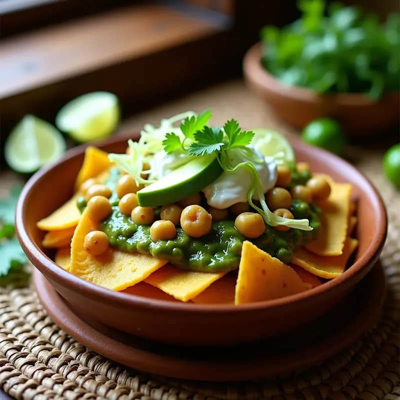 Plato hondo de barro con chilaquiles verdes veganos: tortillas de maíz doradas bañadas en salsa de tomatillo verde, adornados con garbanzos salteados, rodajas de aguacate, lechuga romana y crema de anacardos. Fondo rústico con hierbas frescas y limones.