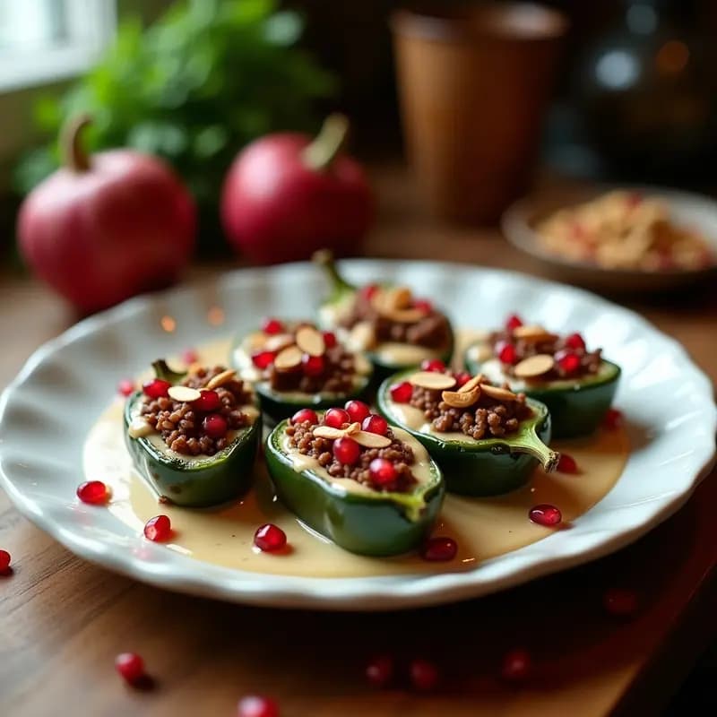 Plato blanco elegante con Chile en Nogada relleno de carne de res y picadillo, bañado en nogada cremosa de nueces, decorado con semillas de granada rojas y perejil fresco. Receta mexicana festiva sin gluten.