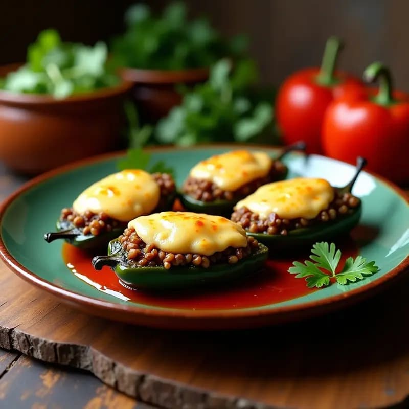 Chile relleno de picadillo vegano y queso casero al horno, servido en plato de barro con cilantro fresco y salsa de tomate al lado. Receta mexicana sin lactosa.