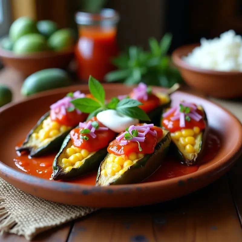 Plato de chile poblano relleno de queso Oaxaca derretido y elote, bañado en salsa roja de tomate chipotle, servido sobre un plato de barro con hojas de epazote y cebolla morada picada como decoración.