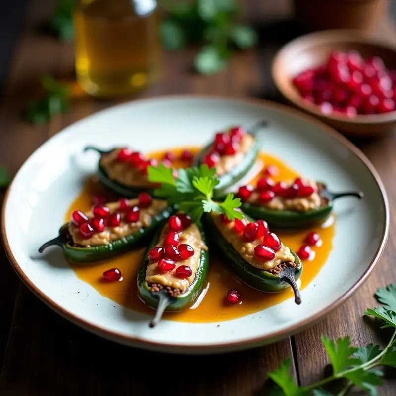 Plato gourmet de Chiles en Nogada con Granadas: chiles poblanos asados rellenos de picadillo de res y cerdo, bañados en salsa cremosa de nuez y queso, coronados con semillas rojas de granada y hojas de perejil fresco sobre plato blanco rústico.