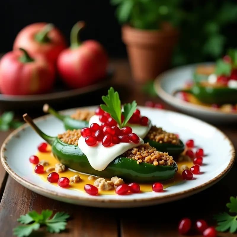 Plato tradicional mexicano de Chiles en Nogada: chiles poblanos rellenos de picadillo, bañados en salsa blanca de nuez y decorados con semillas de granada roja y almendras fileteadas, sobre un plato de barro rústico.