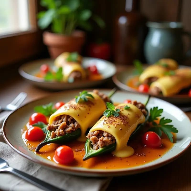 Plato tradicional mexicano de chiles en nogada rellenos de carne de cerdo desmenuzada y frutas de temporada, bañados en salsa cremosa de nuez y queso de cabra, decorados con semillas de granada sobre un mantel rústico de tela bordada.