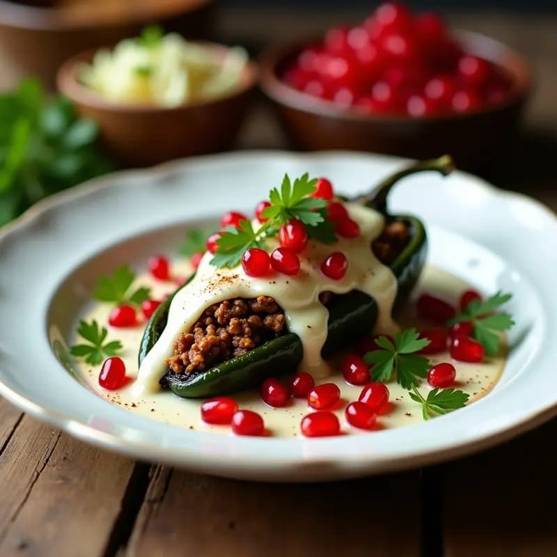 Plato tradicional mexicano con chiles poblanos rellenos de carnene de res, bañados en salsa nogada cremosa, decorados con granos de granada roja y queso fresco desmenuzado sobre un plato de barro.