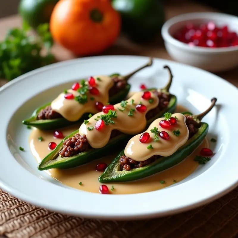 Plato blanco con Chiles en Nogada deshidratados en Airfryer, cubiertos de nogada cremosa de nuez, decorados con semillas de granada rojas y perejil verde, sobre un mantel rústico con elementos mexicanos.