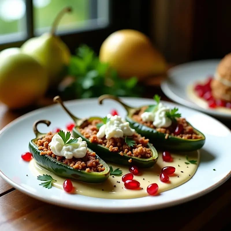 Chiles en nogada mexicanos con queso de cabra en airfryer, decorados con semillas de granada y cilantro fresco, servidos en plato blanco rústico con fondo de madera oscura.