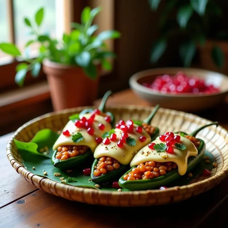 Plato tradicional mexicano de chiles en nogada veganos rellenos de picadillo de nuevoleche, bañados en salsa nogada cremosa de anacardos, decorados con granos de granada rojos y almendras fileteadas sobre una base de hoja de plátano.