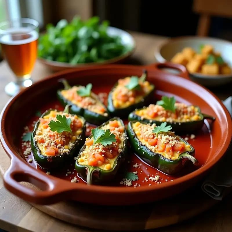 Chiles poblanos asados rellenos de queso de cabra cremoso y nueces picadas, horneados con salsa de tomate verde y espolvoreados con queso parmesano y nueces tostadas, servidos en plato de barro rústico.