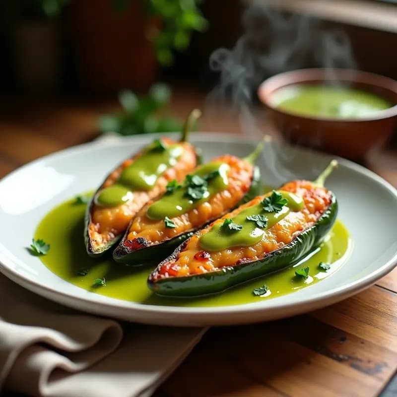 Plato blanco con chiles poblanos rellenos de queso Oaxaca dorados y crujientes, bañados en salsa de tomate verde espesa, decorados con cilantro fresco. Receta mexicana en Airfryer con textura fundente por dentro y crujiente por fuera.