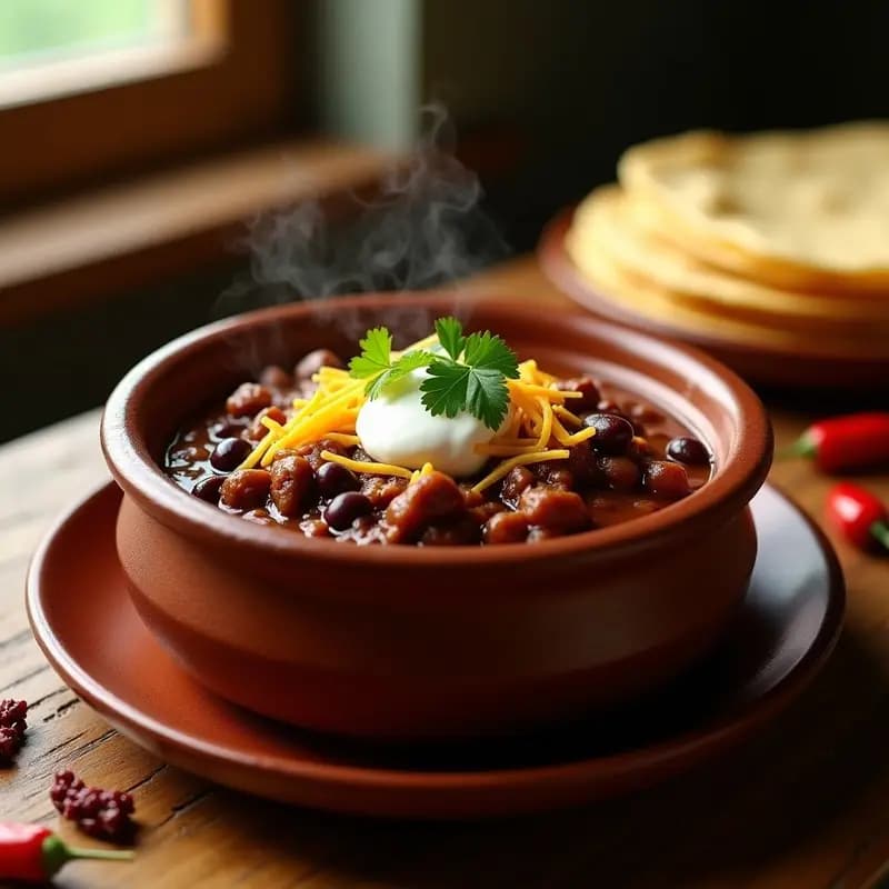 Olla de barro humeante con Chili con Carne con frijoles negros y chocolate, servido en un plato hondo de cerámica rústica, acompañado de cilantro fresco, crema agria y queso cheddar rallado. Fondo con tortillas de maíz y chiles secos decorativos.