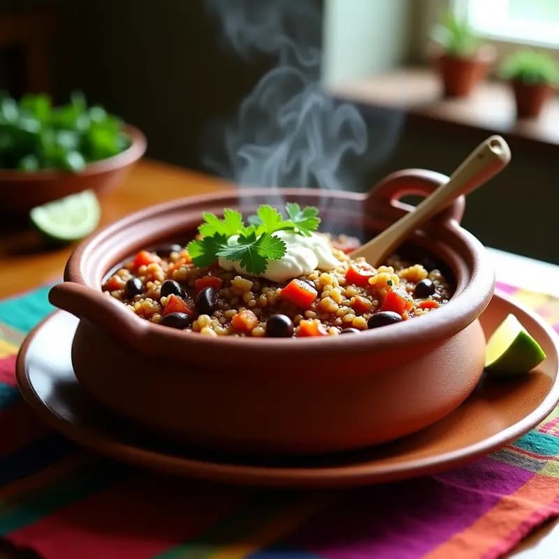 Olla de barro humeante con chili sin carne de frijoles negros y quinoa, decorado con cilantro fresco y rodajas de limón, sobre un mantel rústico de tela mexicanas. Plato vegano alto en fibra y proteína.