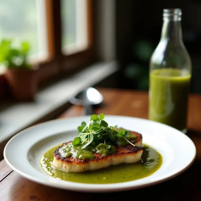 Plato blanco con filete de ternera jugoso cortado en rodajas, bañado en chimichurri argentino de color verde vibrante. Acompañado de hierbas frescas y un hilo de aceite de oliva. Receta de salsa verde fresca y versátil.