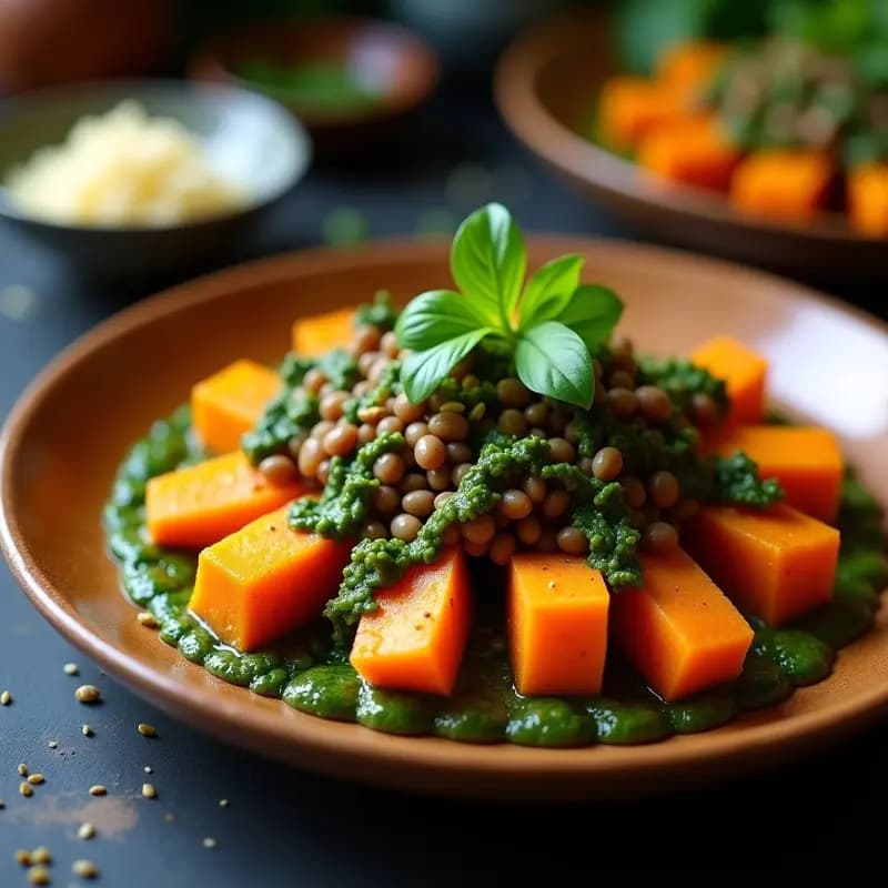 Plato rústico de madera con chimichurri de lentejas pardinas y cubos dorados de batata asada, bañado en salsa verde vibrante de perejil y ajo. Decorado con semillas de sésamo y hojas de apio fresco. Entrante argentino vegano alto en hierro.