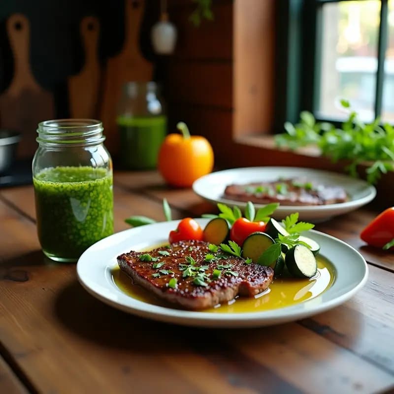 Tarro de vidrio transparente con chimichurri de perejil y vinagre de manzana, salsa argentina de color verde brillante con trocitos de ajo y cebolla morada, acompañada de carne asada y verduras a la parrilla sobre una mesa de madera rústica.