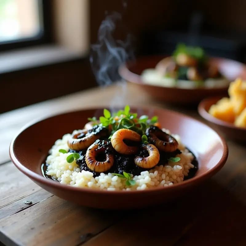 Plato hondo de barro con chipirones en su tinta sobre una cama de arroz blanco, decorado con perejil fresco y un hilo de aceite de oliva, receta vasca tradicional.