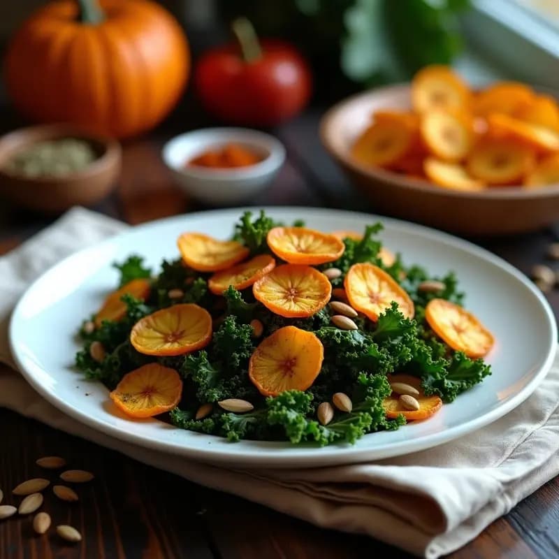 Plato blanco con chips doradas y crujientes de col rizada y semillas de calabaza, espolvoreadas con especias mexicanas como comino y pimentón, servidas en un cuenco de madera rústico. Snack saludable y apto para airfryer.