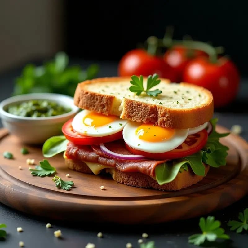 Sándwich gourmet de chivito uruguayo con huevos de codorniz, ternera, jamón serrano, queso mozzarella y chimichurri, tostado en airfryer y servido en tabla de madera.